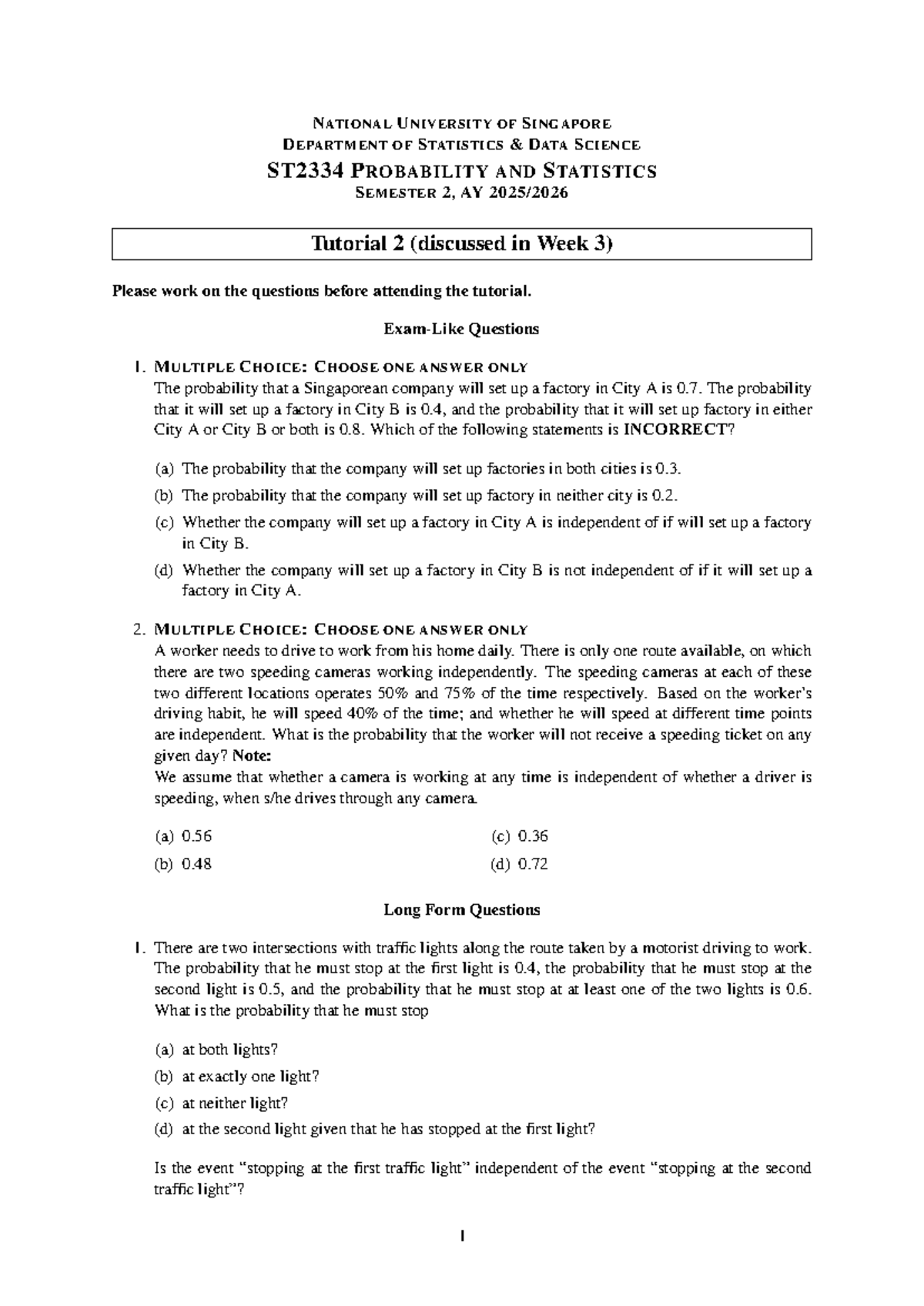 NUS ST2334 Tutorial 2: Probability & Statistics Questions and Solutions ...