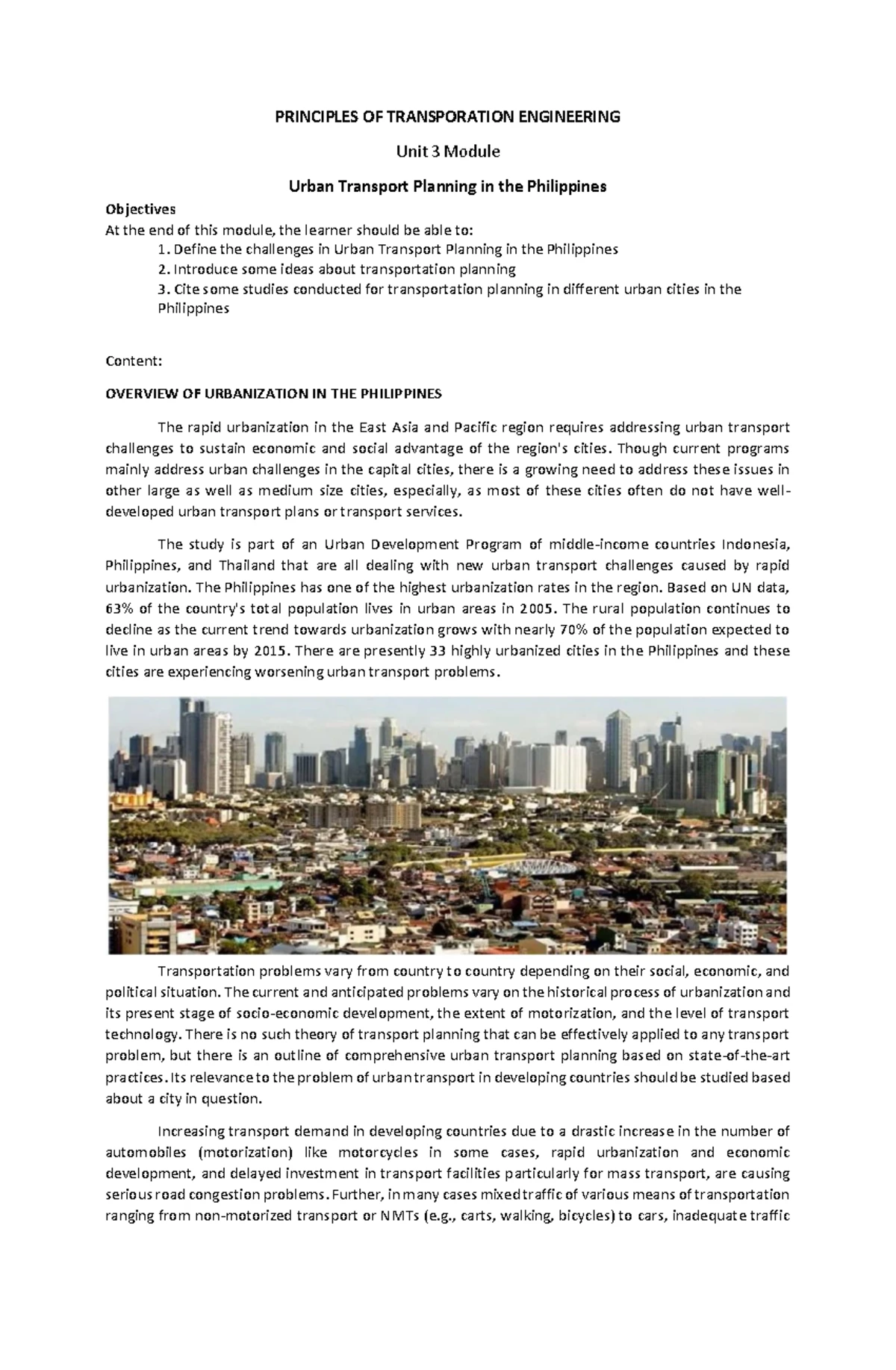 Transpo 4 - Urban Transportation Planning Concepts and Challenges - Studocu