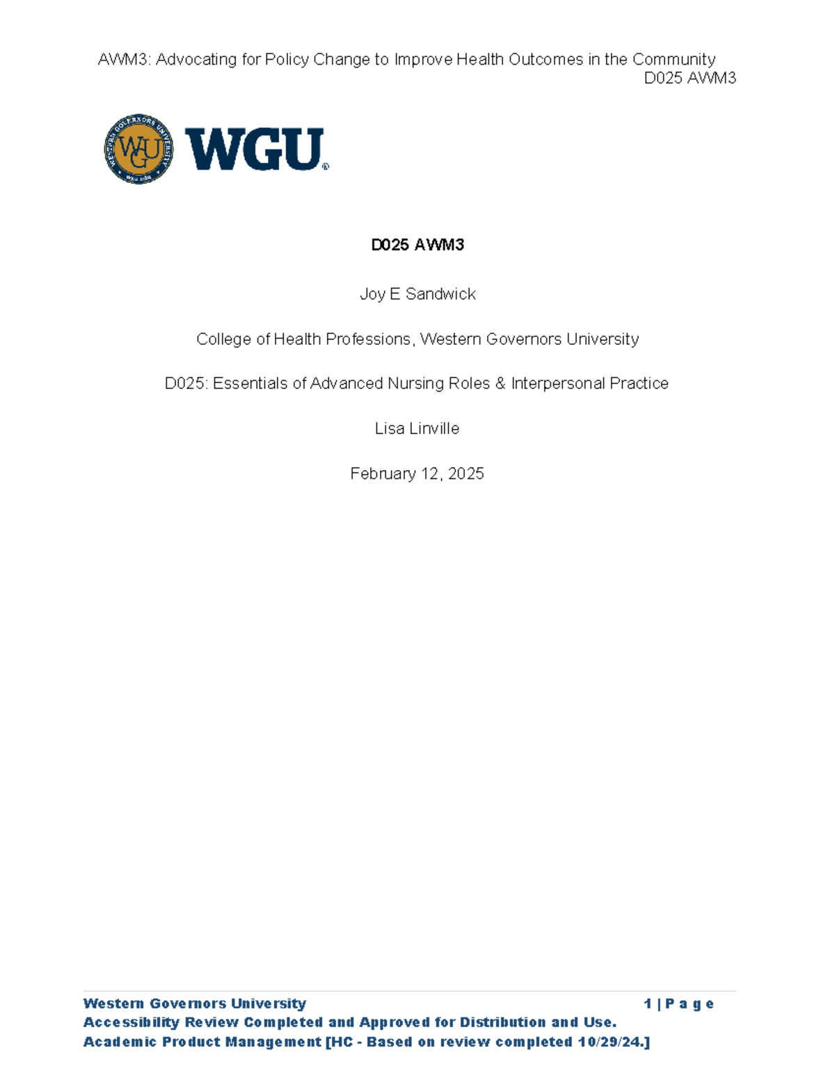 D025 AWM - Task 2: Advanced Nursing Roles & Interprofessional Practice ...