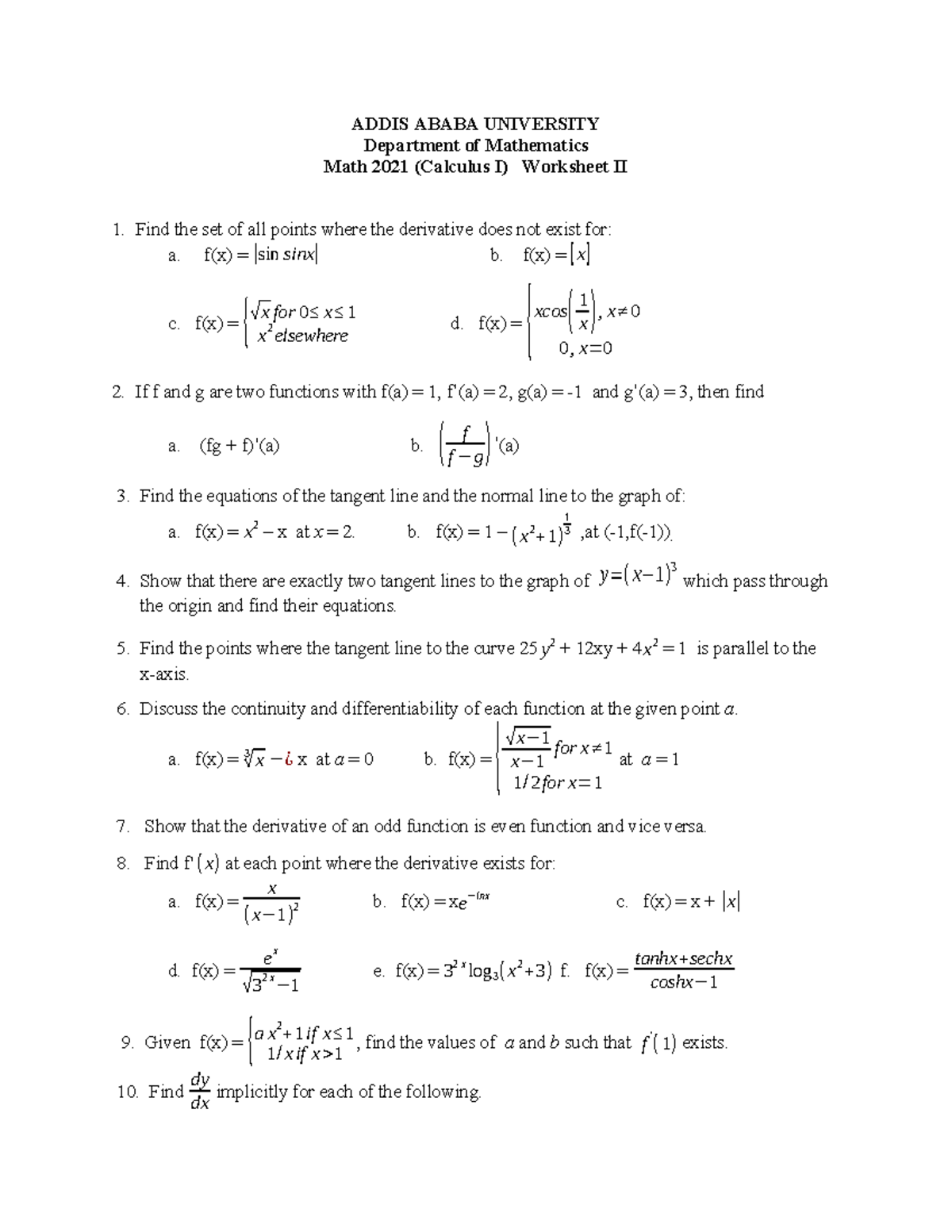 Math 2021 Worksheet Ii, 24-25 - ####### Addis Ababa University 