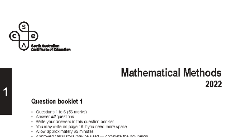 2022 Mathematical Methods Exam Paper: Question Booklet 1 & 2 - Studocu
