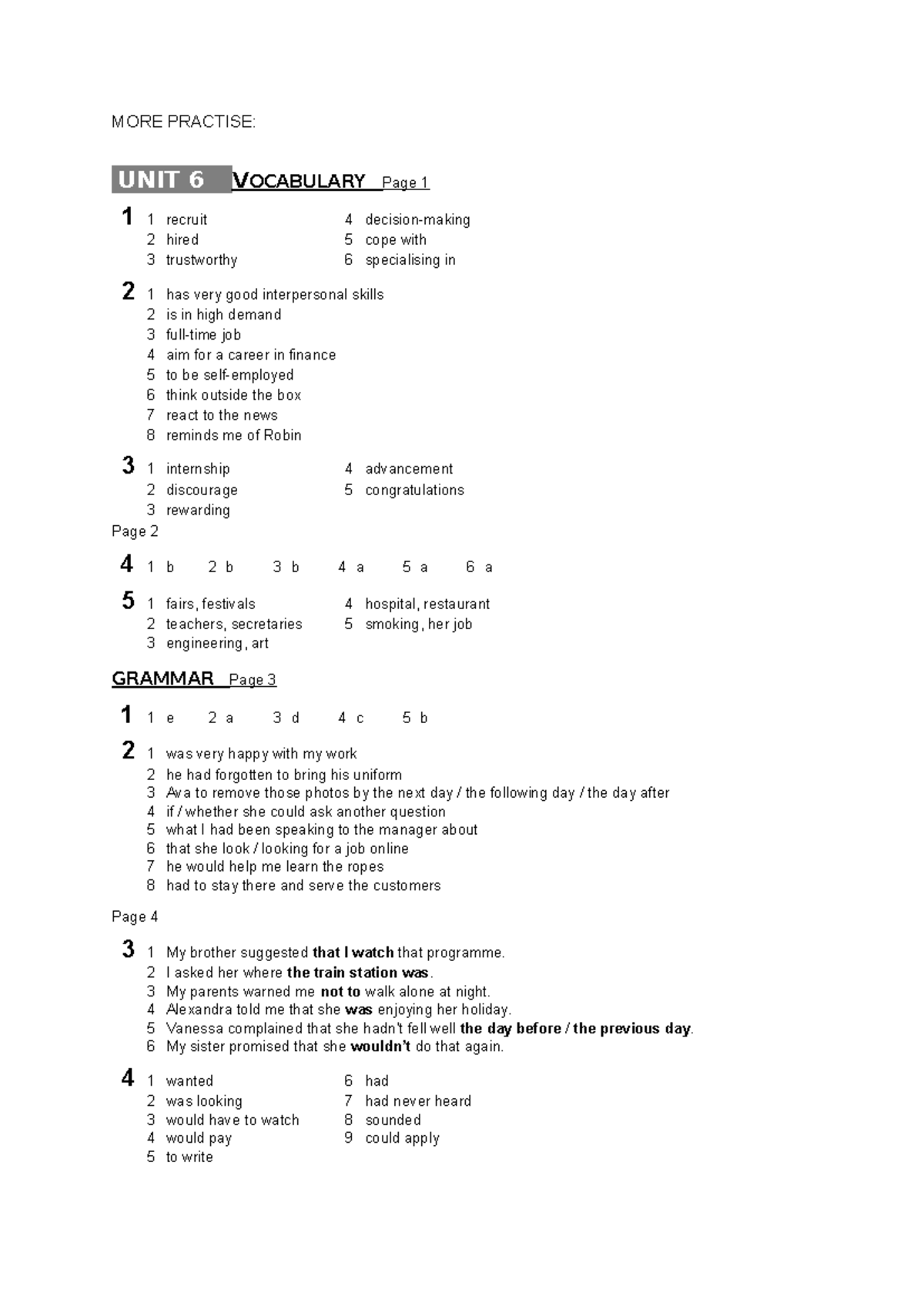 Keys unit 6 More practise Extension and Workbook - MORE PRACTISE: UNIT ...