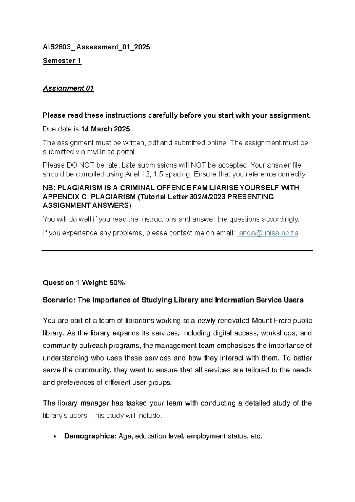 AIS2603 Assignment 01: Understanding Library User Behaviour & Needs ...
