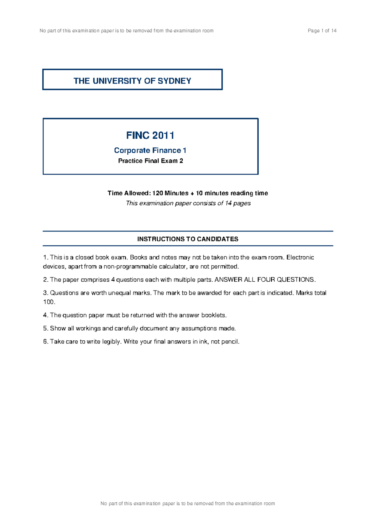 FINC2011 Corporate Finance 1 Practice Final Exam Guide - Studocu