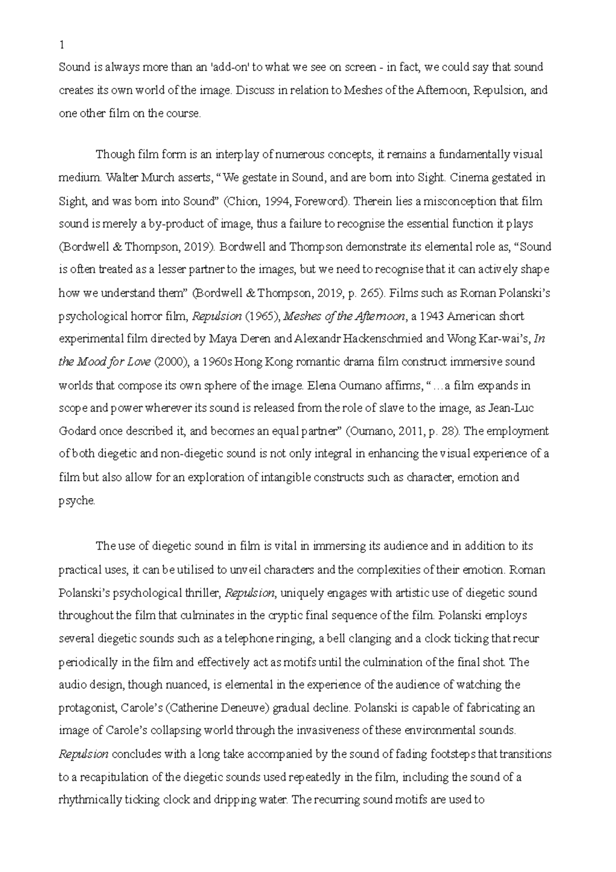 Film Sound - High Distinction Film1000 Final Essay - Sound is always ...