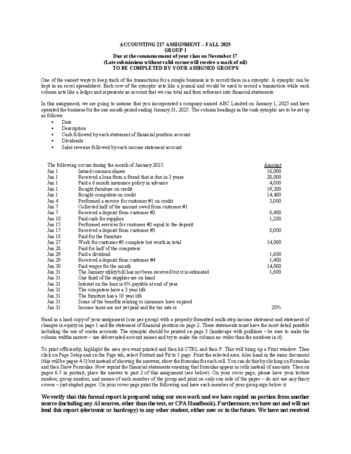 ACCOUNTING 217 ASSIGNMENT FALL 2025 GROUP 1 - Excel Practice and ...