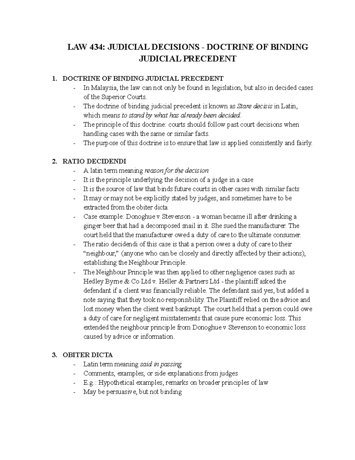 LAW 434: NOTES ON JUDICIAL DECISIONS & BINDING PRECEDENT - Studocu