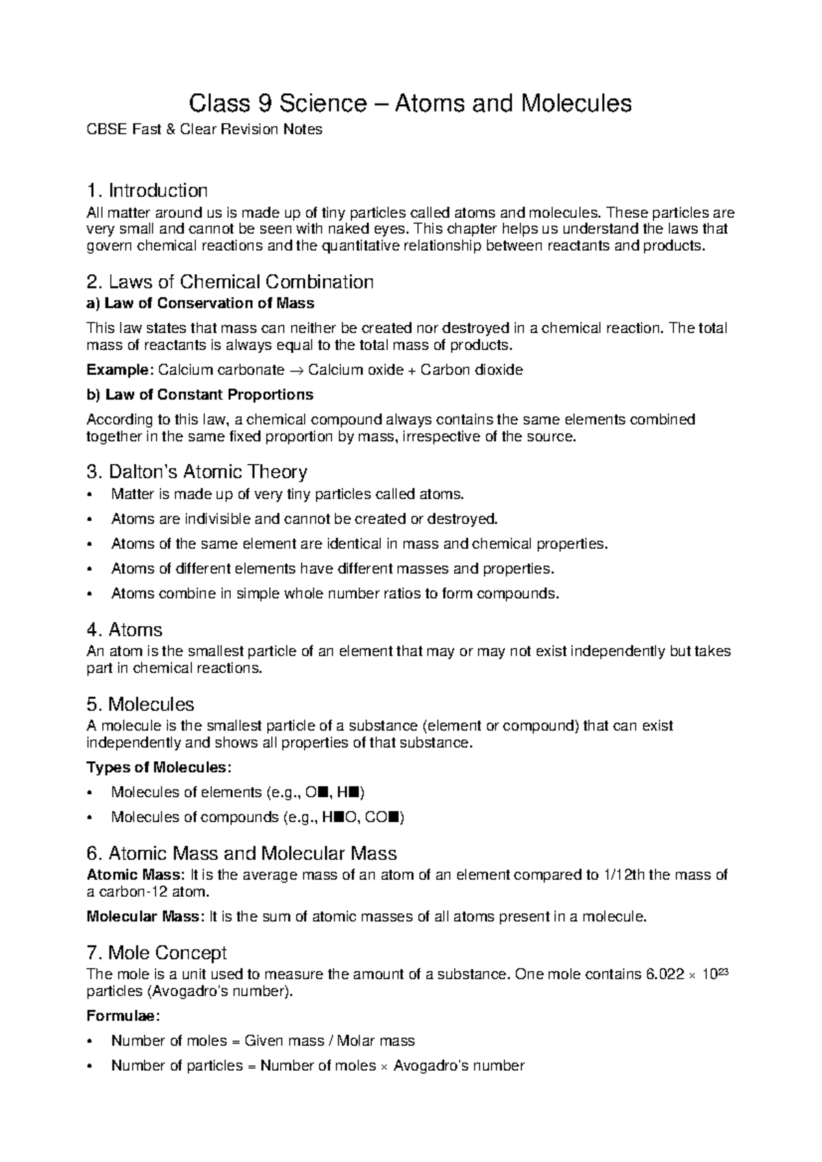 Class 9 Science: Atoms & Molecules Revision Notes for CBSE - Studocu