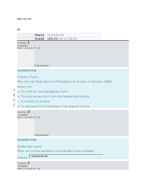 Oed jose rizal pre - Oed jose rizal pre Q Marks 10/10. Grade 100 out of ...