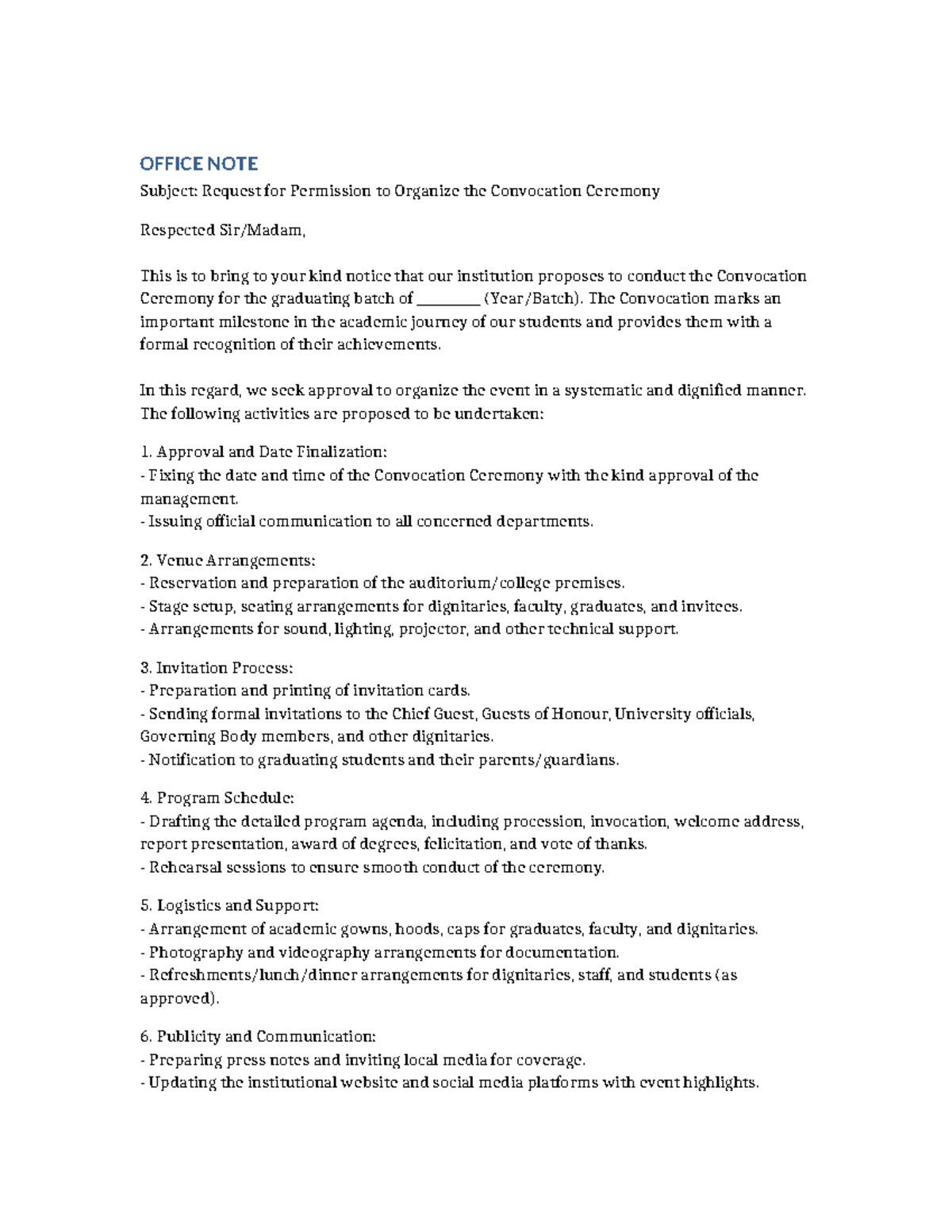 Office Note: Request for Approval to Organize Convocation Ceremony ...