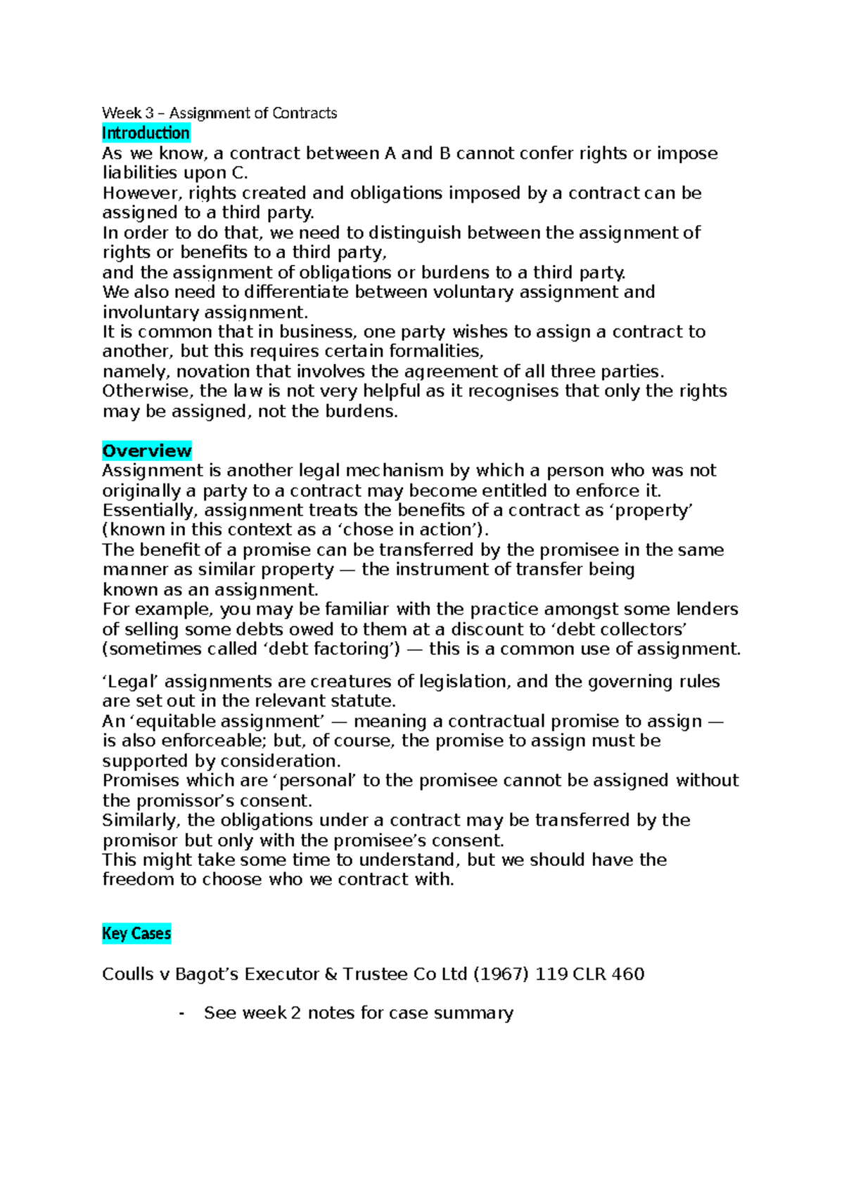 Week 3 - Assignment of Contracts Overview and Key Cases - Studocu