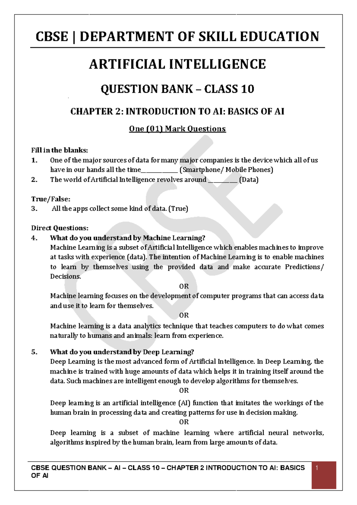 CBSE AI Question Bank – Class 10 – Chapter 2: Basics of AI - Studocu