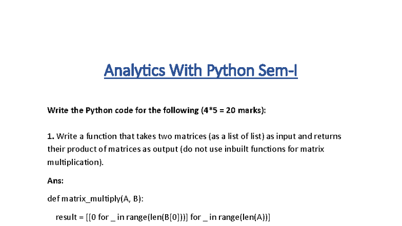 Analytics with Python: Matrix Operations & Vowel Count (Sem-I) - Studocu