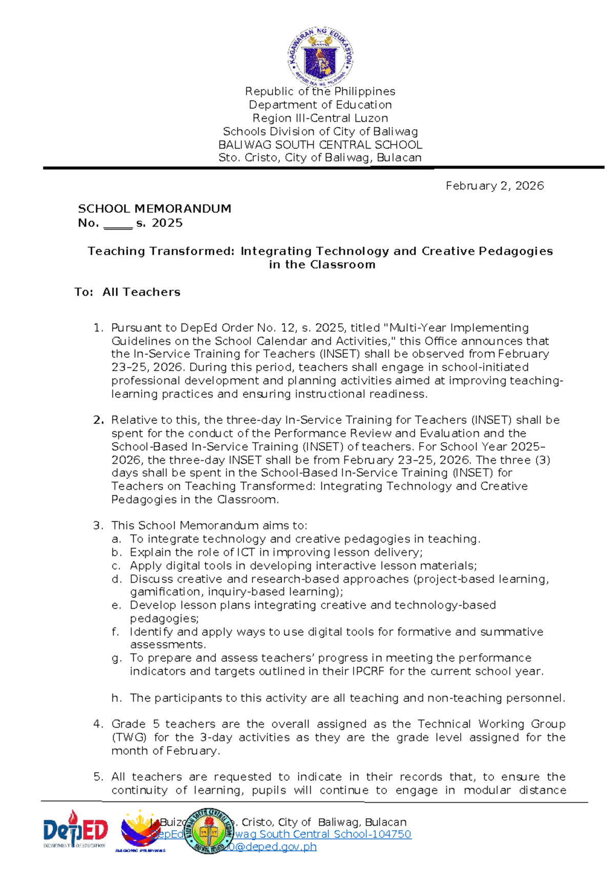 BSCS School Memo: INSET Training on Tech & Pedagogy (Feb 2026) - Studocu