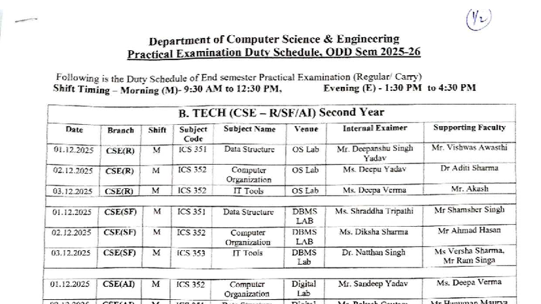 B. TECH (CSE) Practical Examination Duty Schedule - ODD Sem 2025 - Studocu