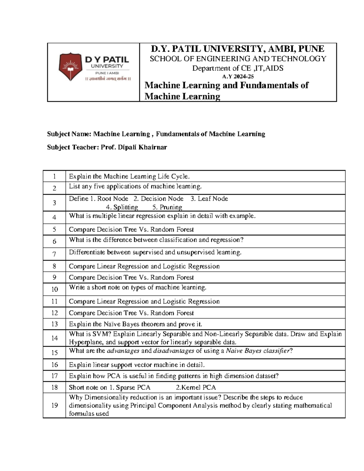 Machine Learning & Fundamentals Question Bank - End Sem Exam All ...