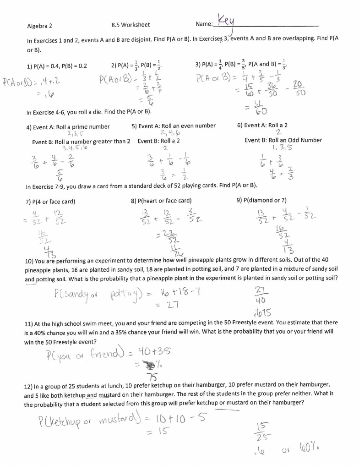 Algebra 2 8.5 Worksheet: Probability of Events A and B - Studocu