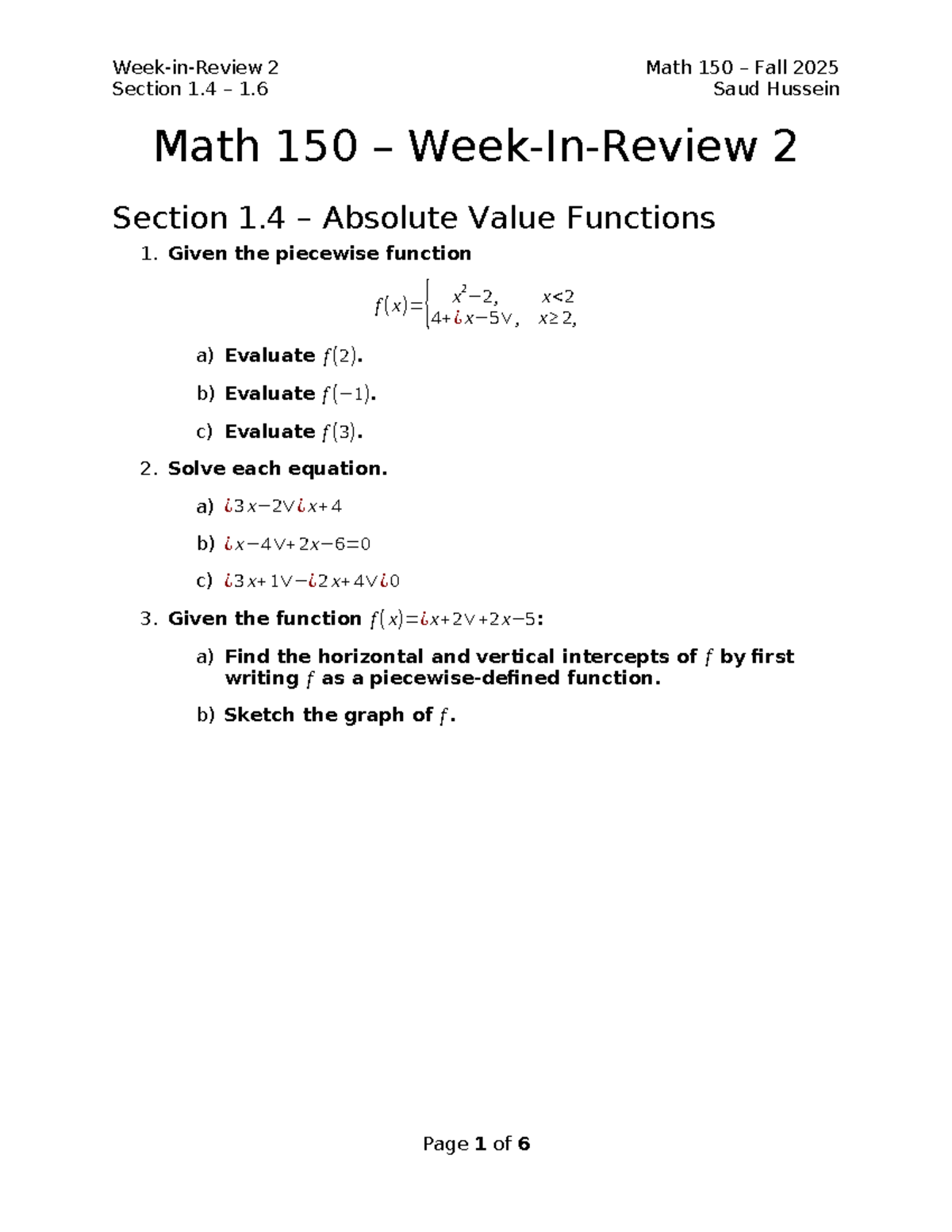 Math 150 - Fall 2025: Week-in-Review 2 (Sections 1.4-1.6) - Studocu