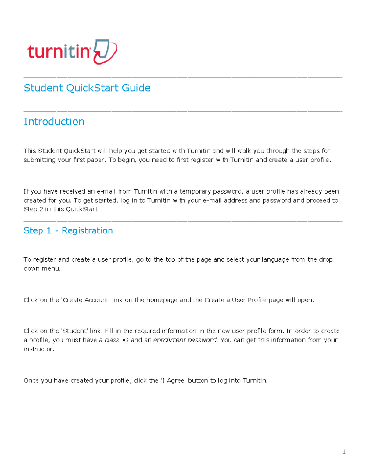 Turnitin Student Quick Start Guide - Student QuickStart Guide ...