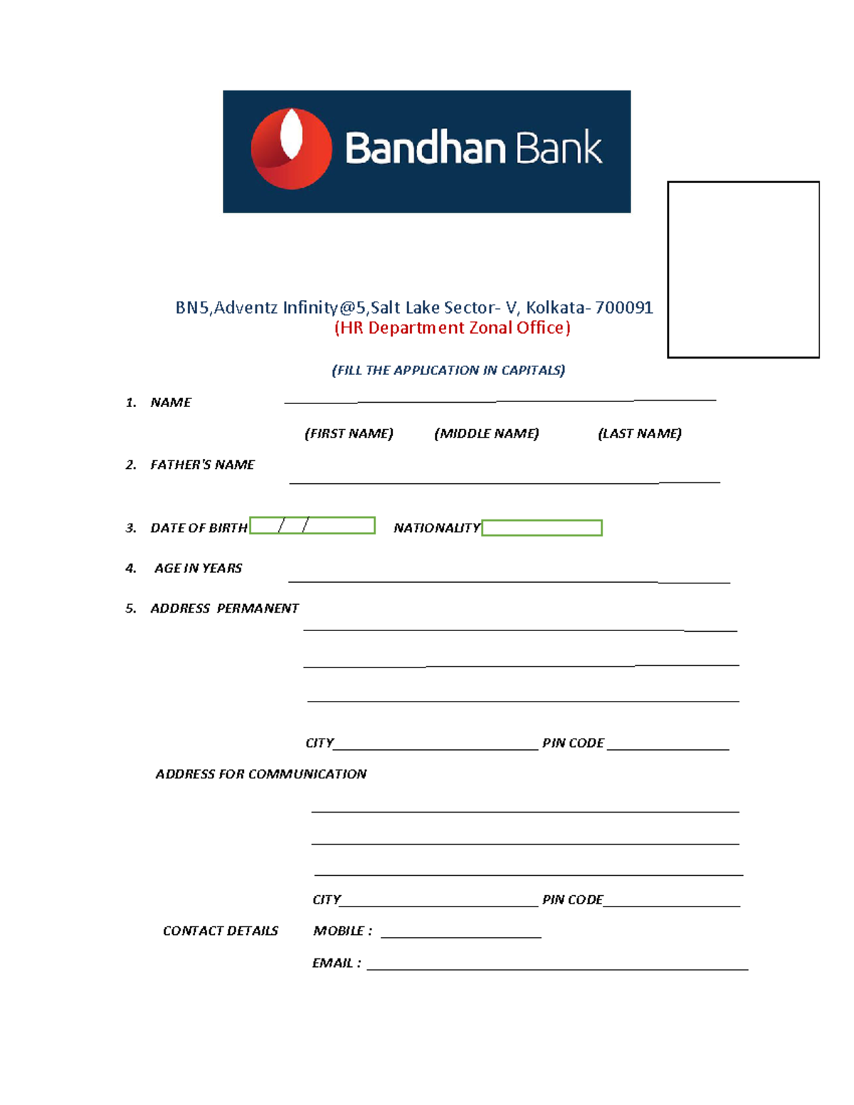 Bandhan Bank Job Application Form - HR Department - 2 - Studocu
