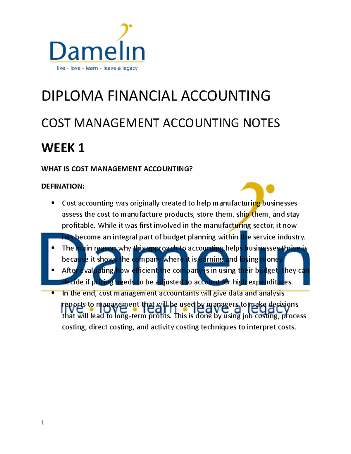 Cost Management Accounting Notes - Diploma Course Overview - Studocu