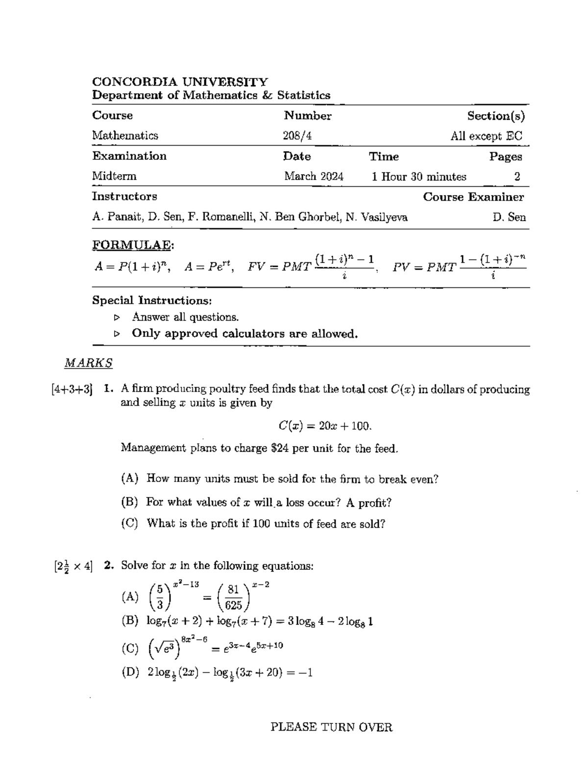 MATH 208 Midterm WIN 2024 with solutions - CONCORDIA UNIVERSITY ...