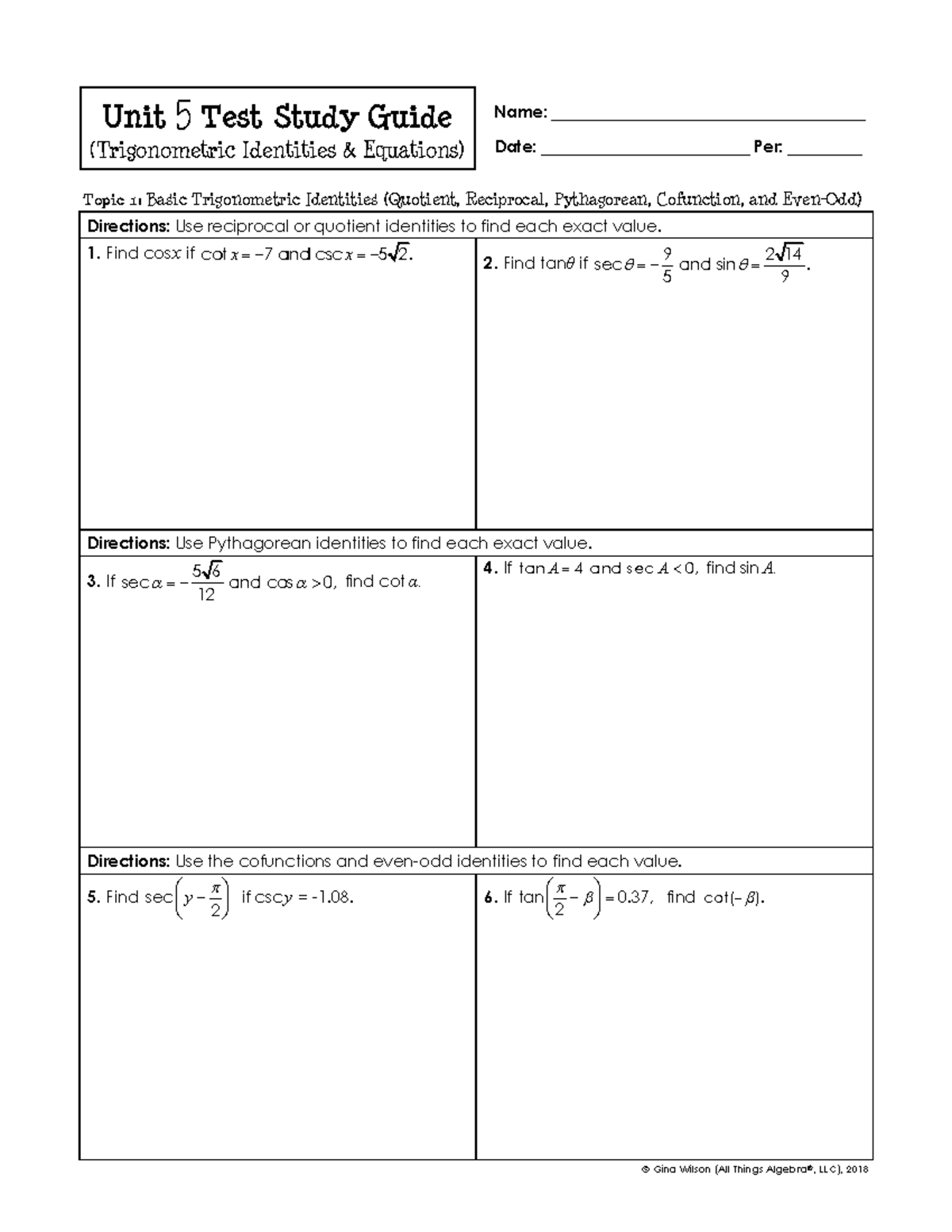 Ch 5 Test Study Guide (Trigonometric Identities & Equations) - Studocu