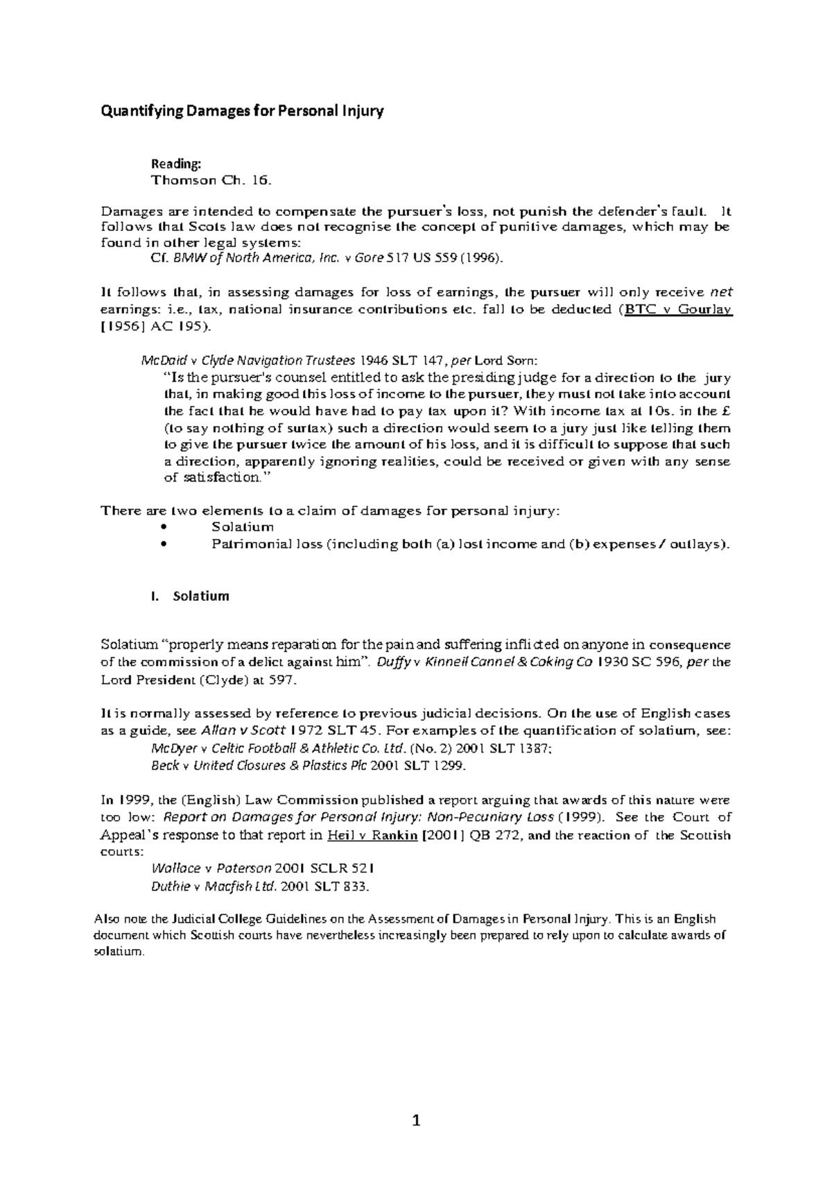 Quantification of Damages for Personal Injury: Thomson Ch. 16 Overview ...