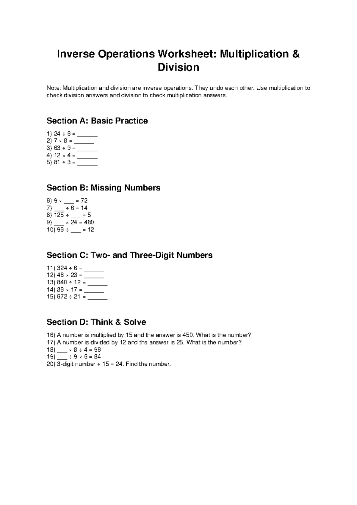 Inverse Operations Worksheet: Multiplication & Division Practice - Studocu