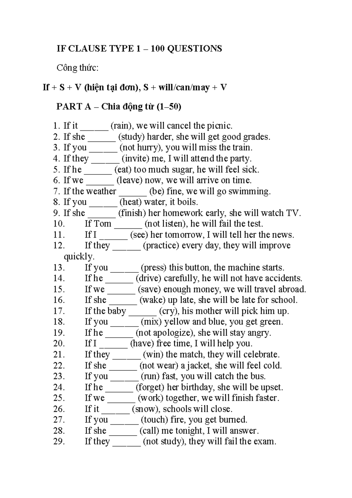 IF Clause Type 1: 100 Practice Questions and Exercises - Studocu