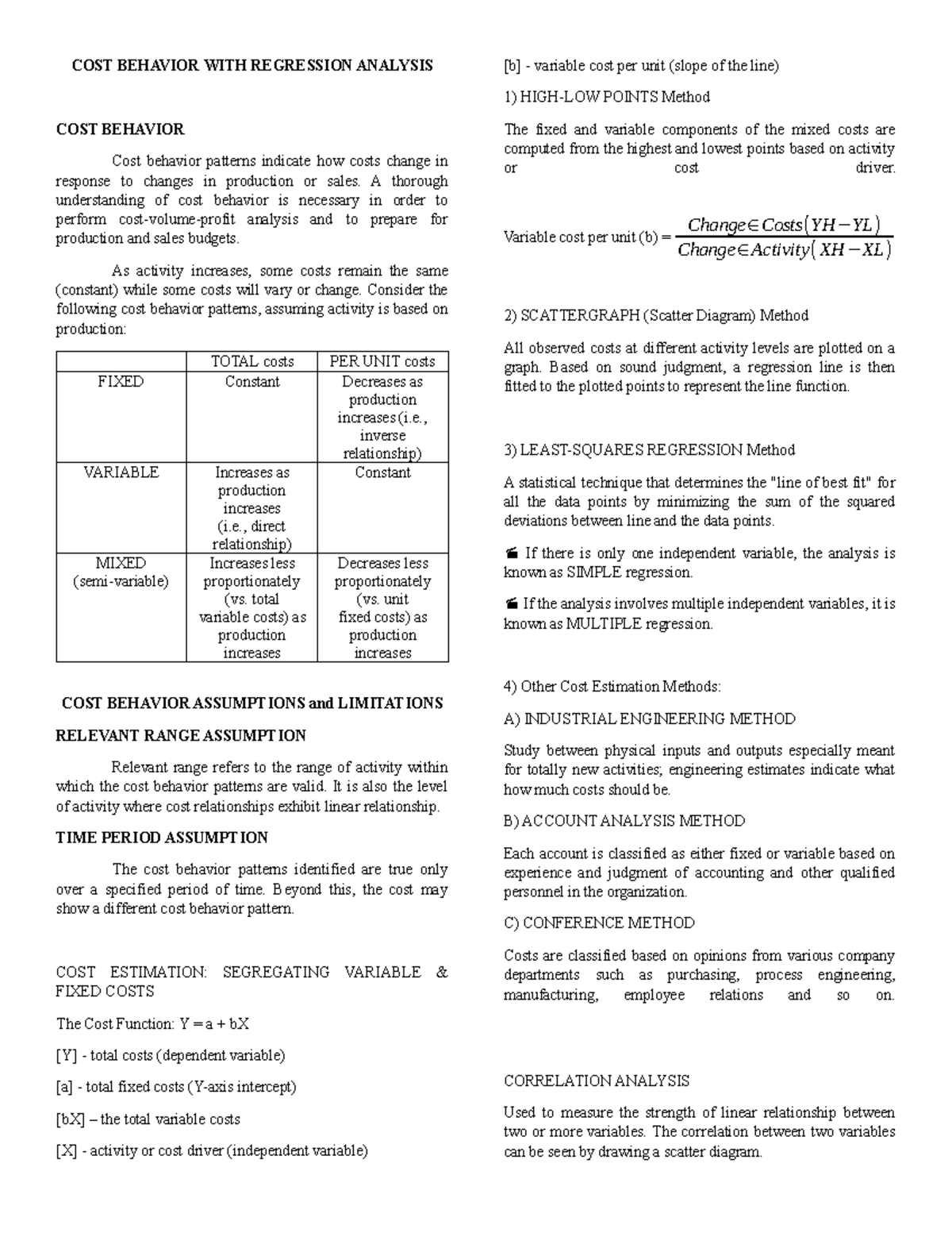 COST BEHAVIOR & REGRESSION ANALYSIS (MID) Managerial Economics Notes ...