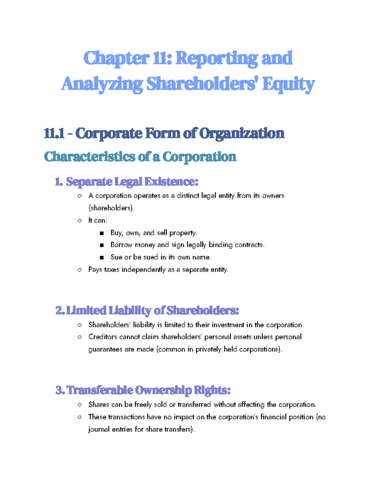 Chapter 11 Reporting and Analyzing Shareholders' Equity - Separate ...