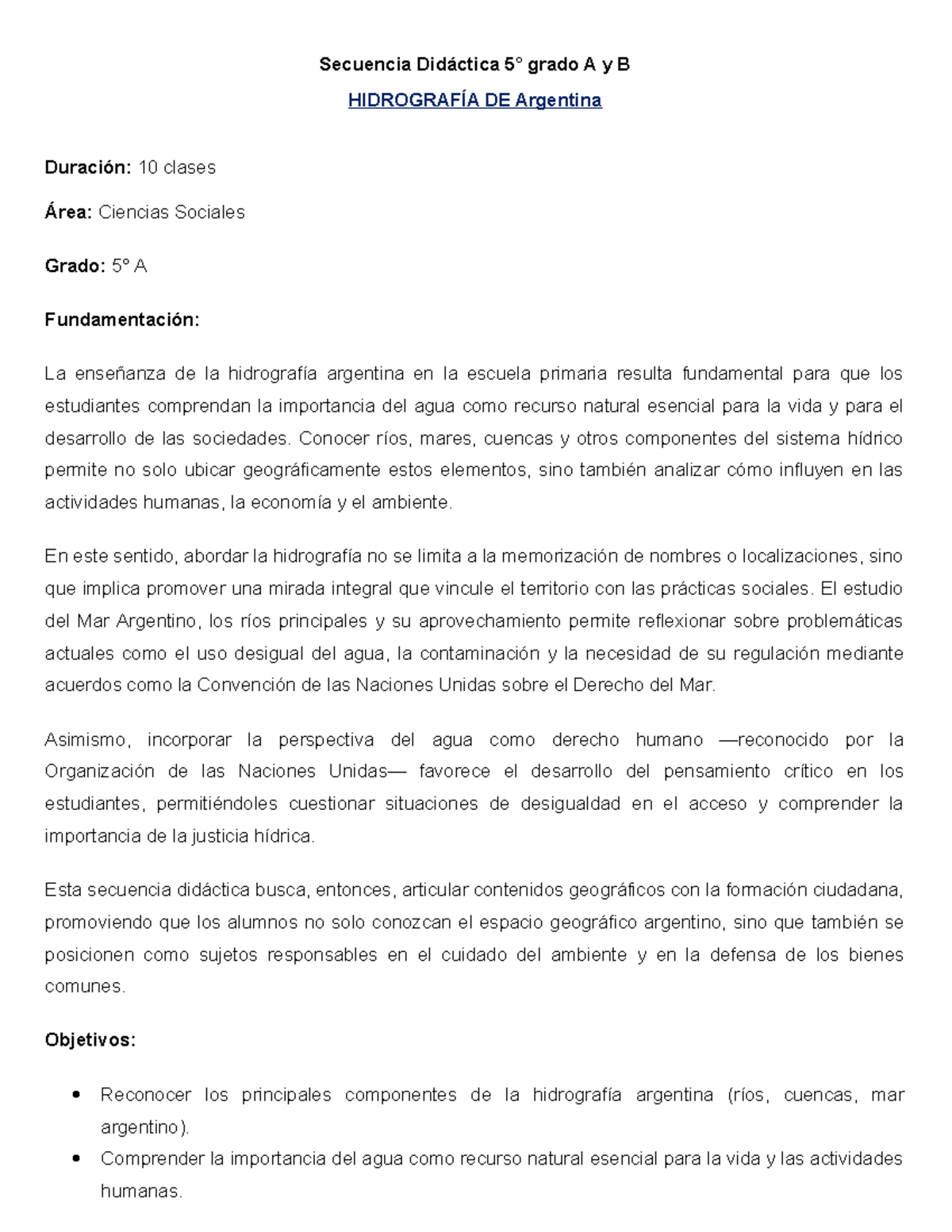 Secuencia Didáctica 5.º Grado: Hidrografía de Argentina y su Importancia - Document Preview