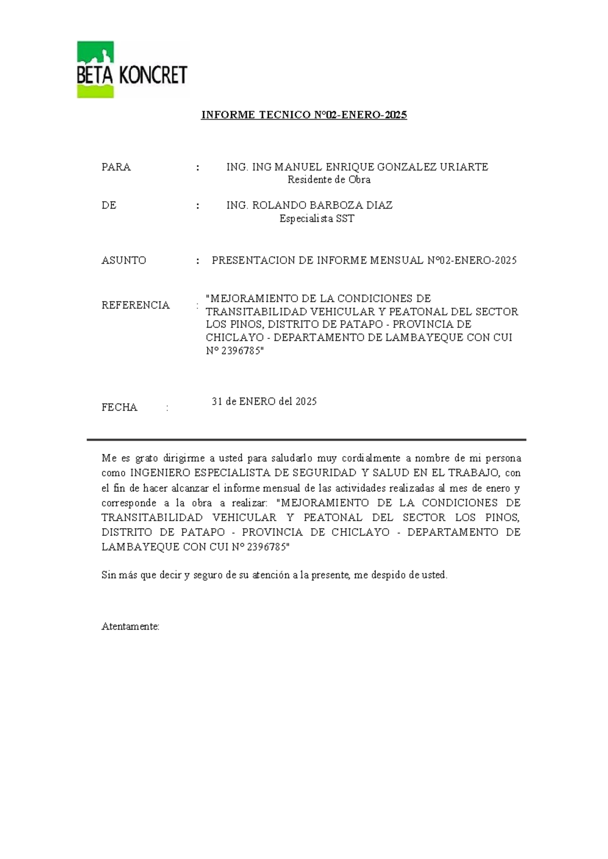 Informe Mensual de Seguridad y Medio Ambiente - Enero 2025 - Studocu