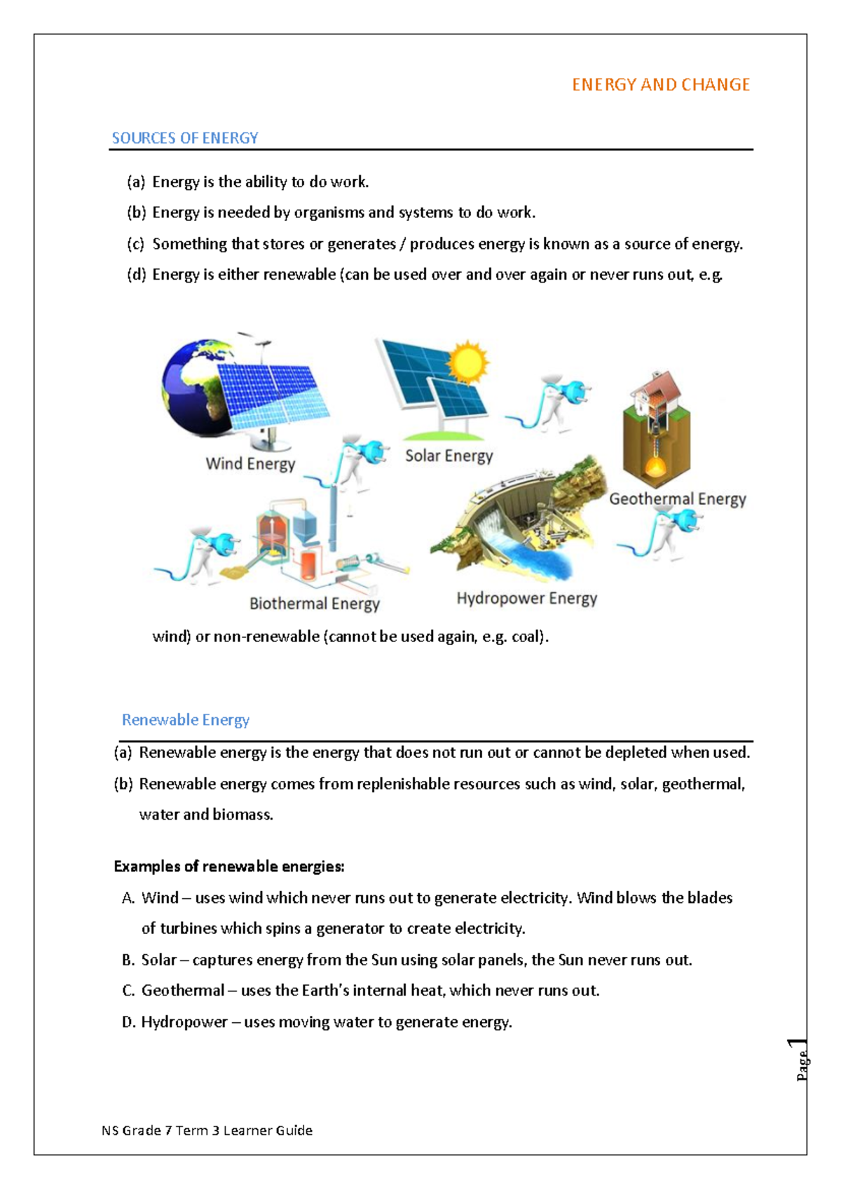 Grade 7 NS Term 3 Learner Guide: Energy Sources and Transformations ...