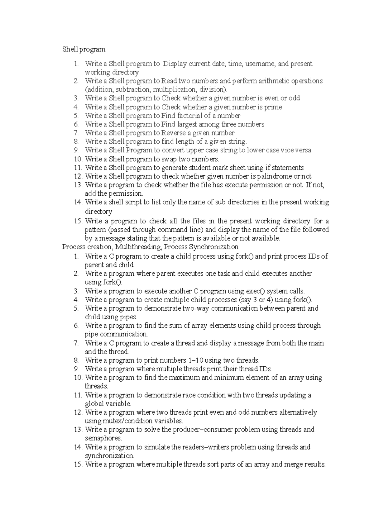 OS Lab Questions - Shell & C Programming Tasks - Studocu