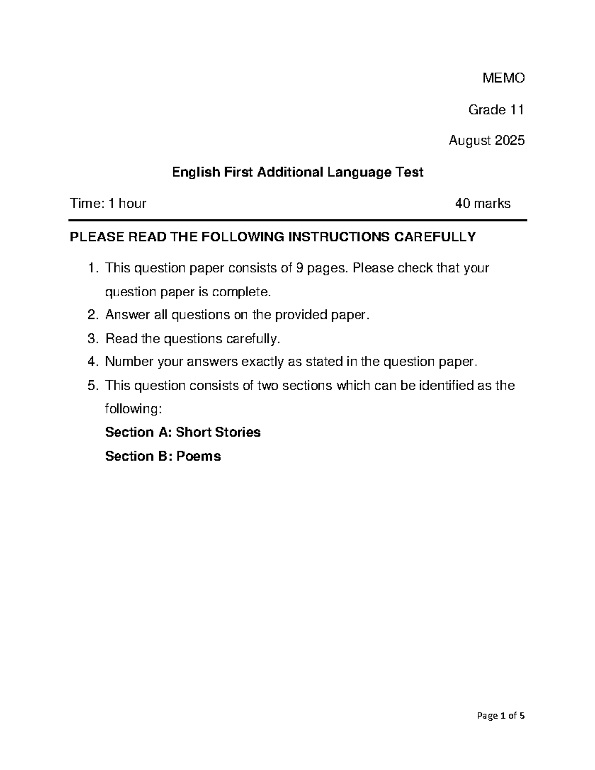 English First Additional Language Test MEMO - Grade 11 Aug 2025 - Studocu