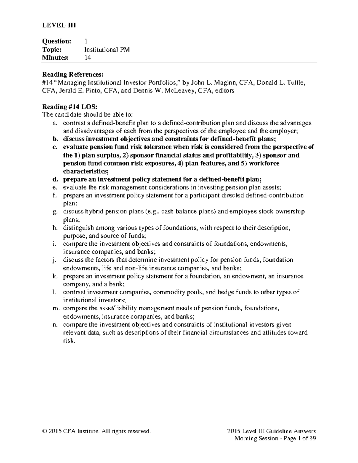 CFA 2015 Level III AM Exam Answers - Question: 1 Topic: Institutional ...