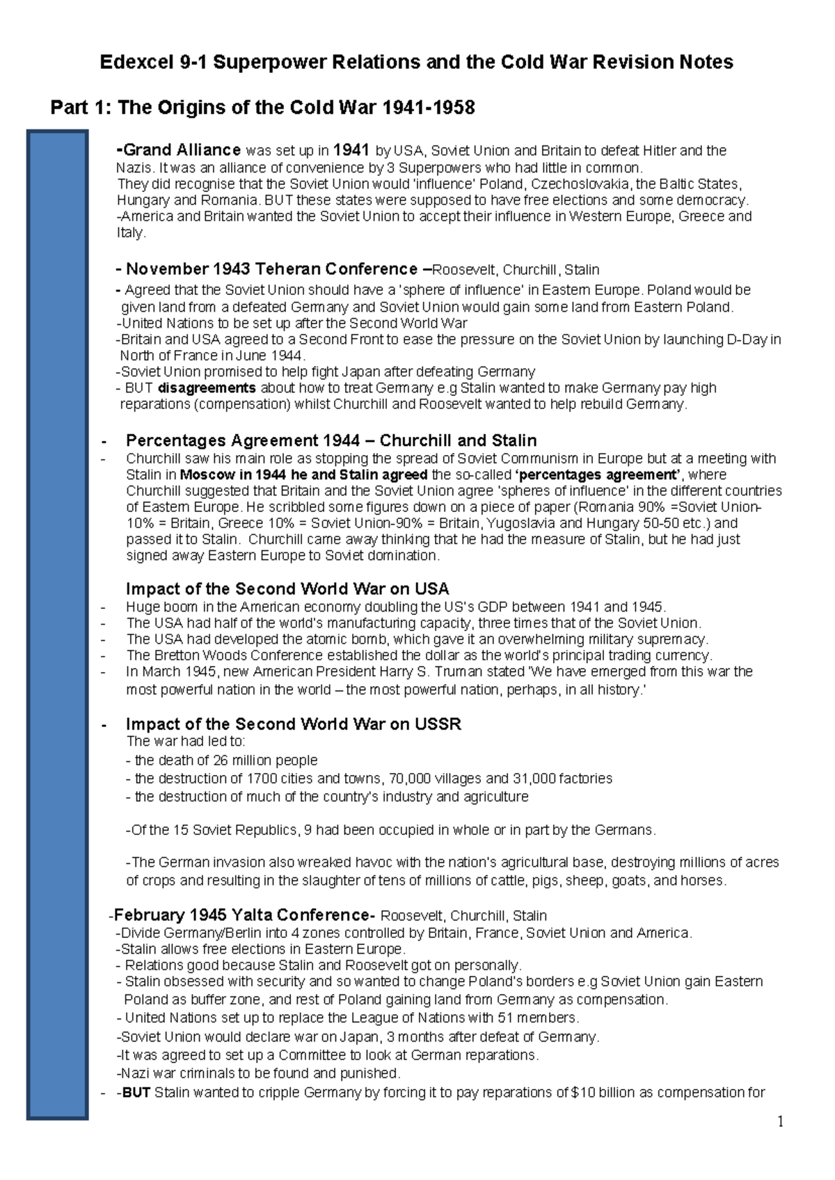 Edexcel 9-1 Superpower Relations & Cold War Revision Notes - Sheet 5 ...