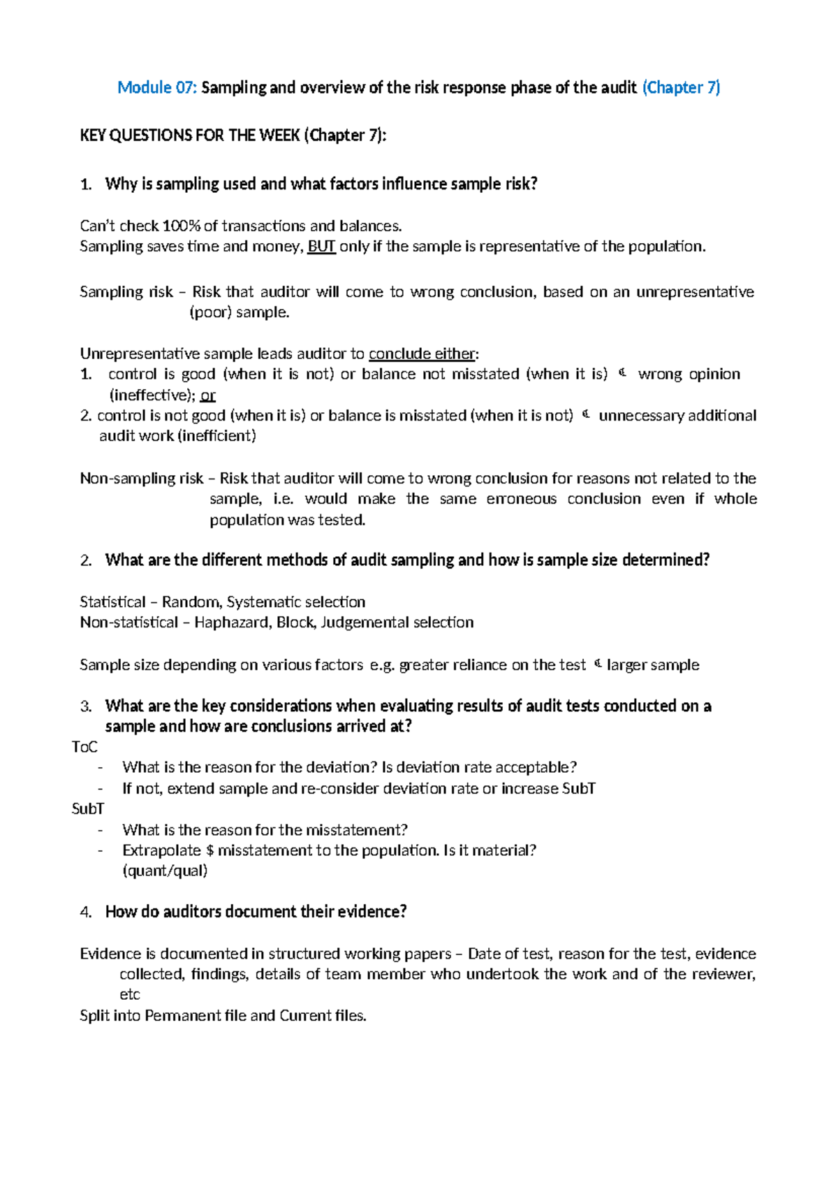 Module 07: Key Questions on Sampling & Risk Response (Chapter 7) - Studocu