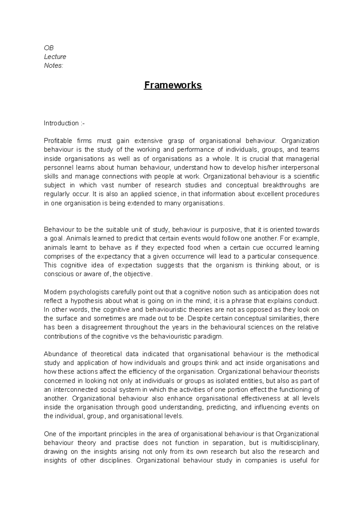 OB 101: Lecture Notes on Organizational Behavior Frameworks - Studocu