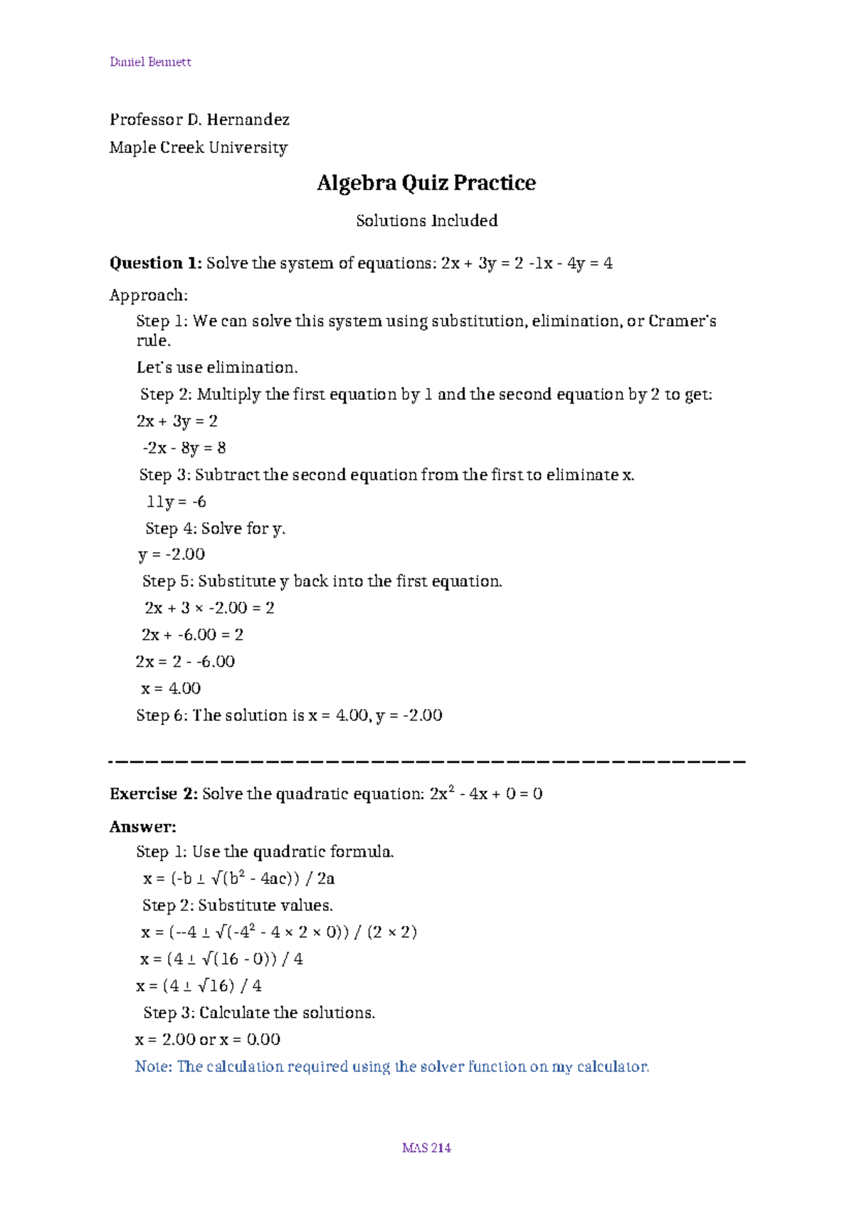 MATH 214 Algebra Quiz Practice Solutions by Daniel Bennett - Studocu