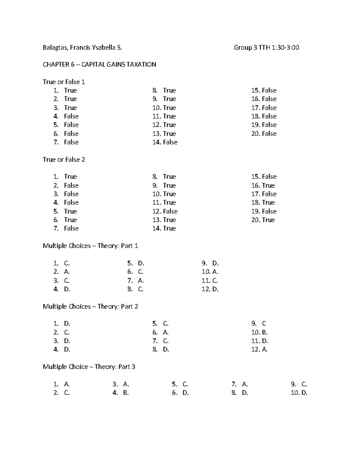 CH6 Capital Gains Taxation: True/False & Multiple Choice Answers - Studocu