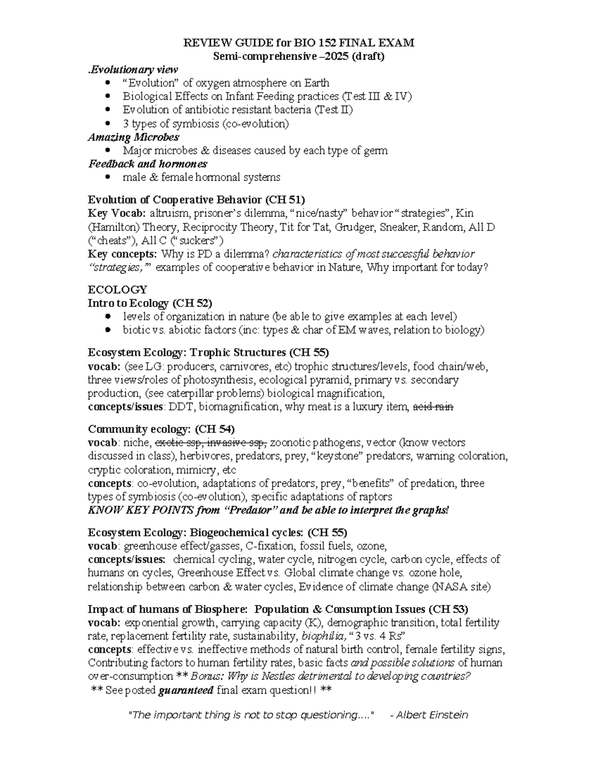 Comprehensive Study Notes for BIO 152 Final Exam Review Guide - Studocu