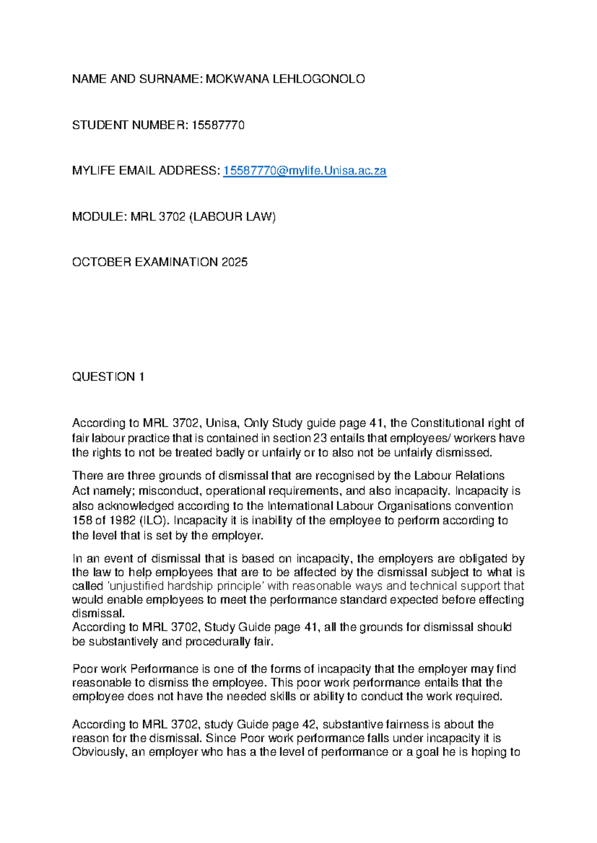 MRL 3702 - Labour Law October Exam Notes 2025 - Studocu