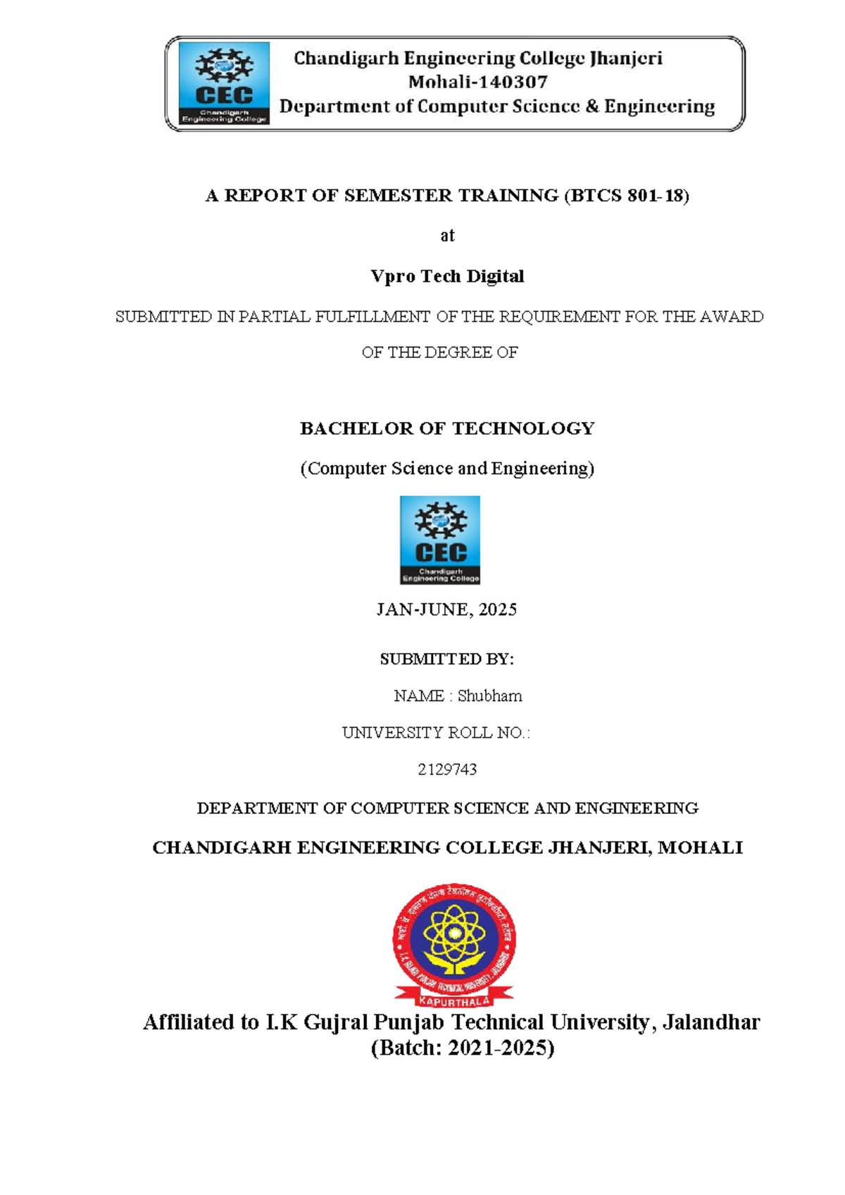 Final Report of Semester Training (BTCS) at Vpro Tech 2025 - Studocu