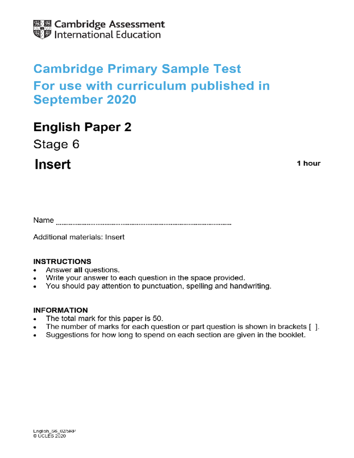 Cambridge Primary Sample Test: English Paper 2 Stage 6 (2020) - Studocu