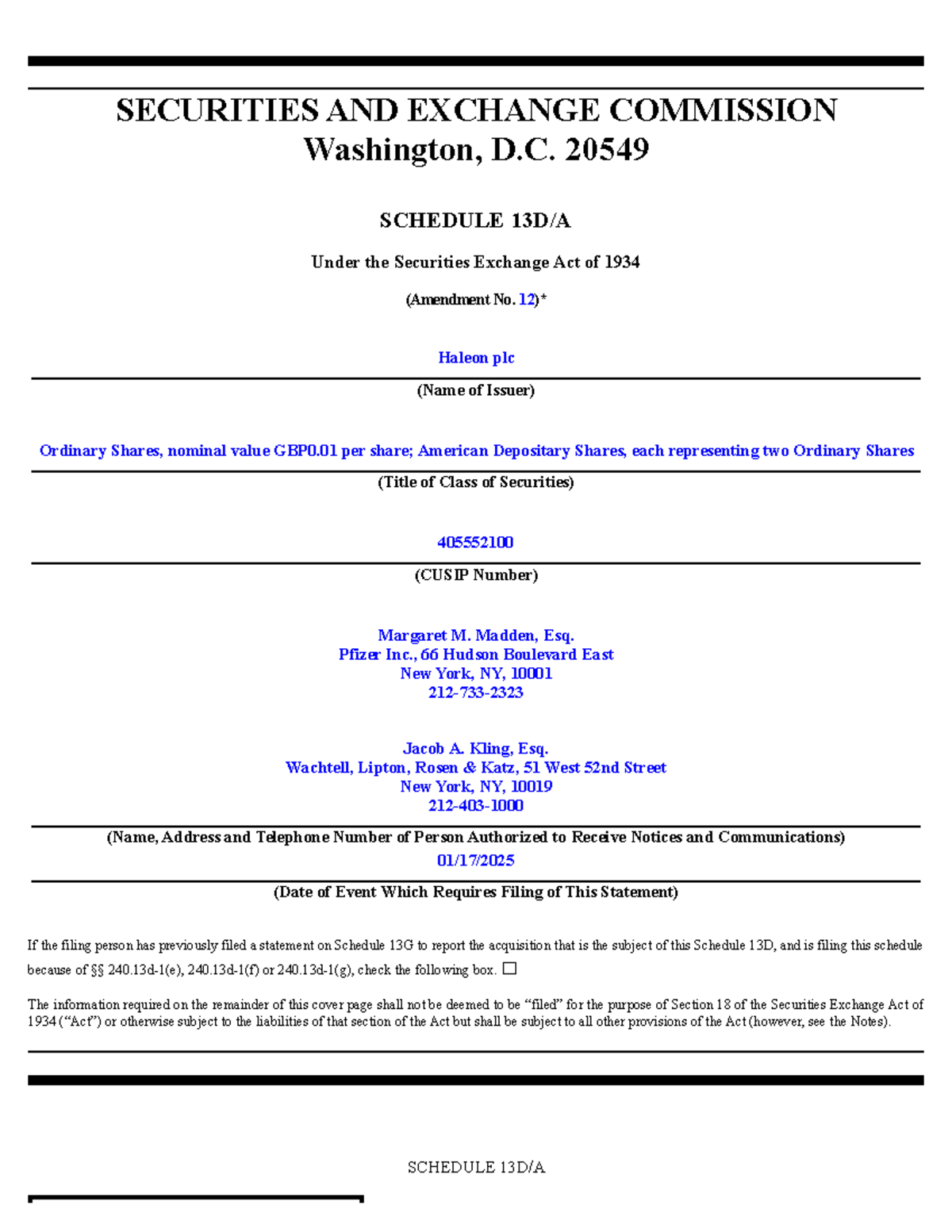 SCHEDULE 13D/A Filing on Haleon plc - CUSIP 405552100 - Jan 2025 Update ...