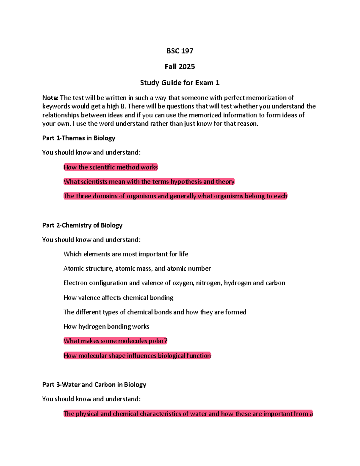 BSC 197 Fall 2025 Exam 1 Study Guide: Key Concepts in Biology - Studocu