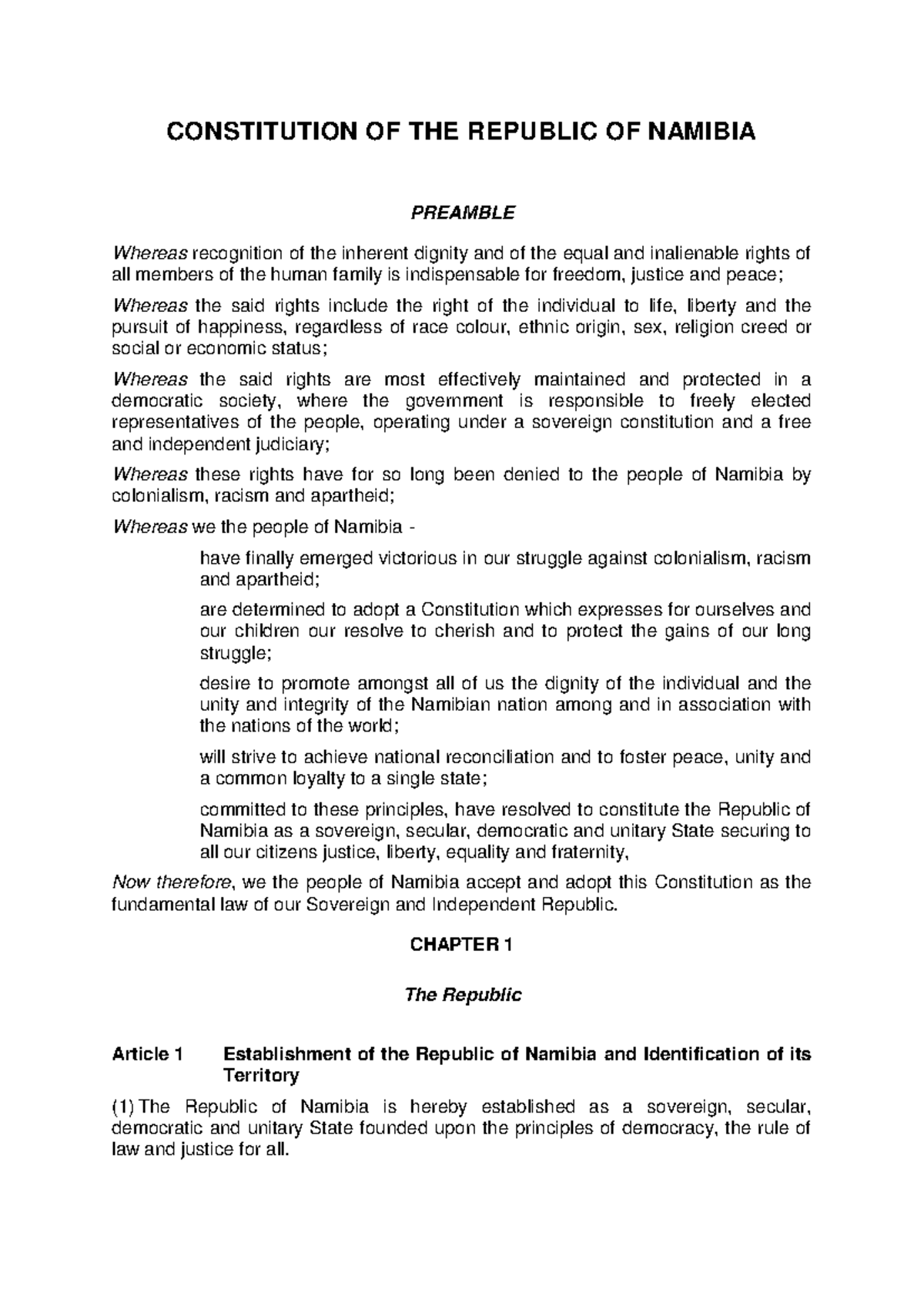Constitution of the Republic of Namibia: Key Articles and Principles ...